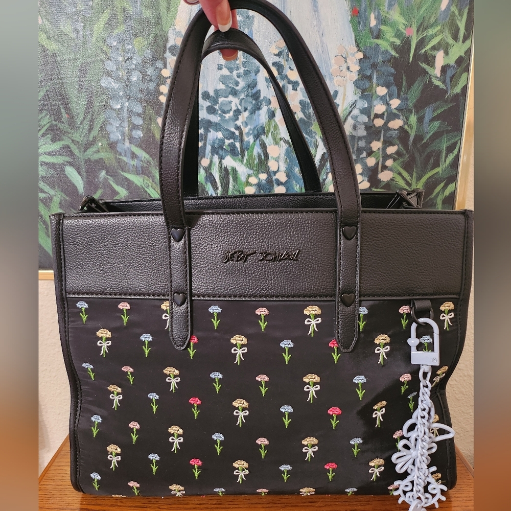 Betsey Johnson Black Floral Embelished Handbag. Used One Time. In Ex Condition